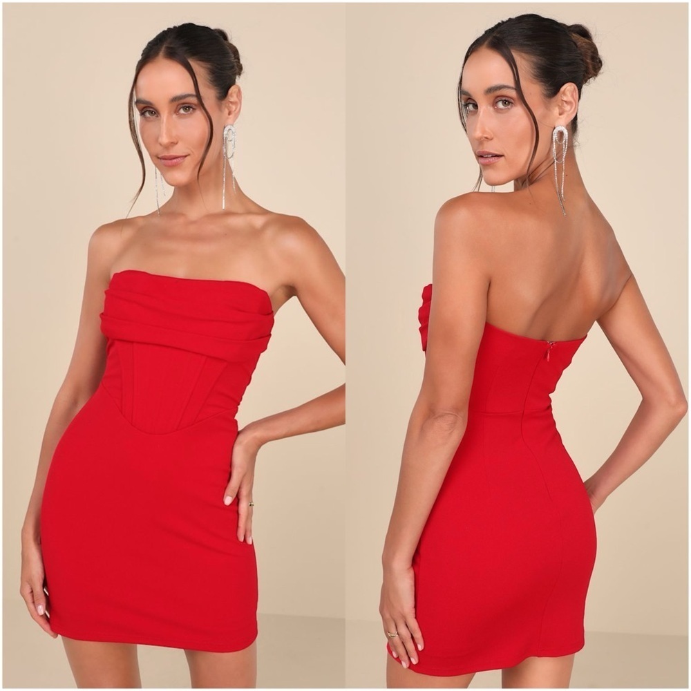 LULU’S Dramatic Intent Red Strapless Corset Bodycon Mini Dress - Picture 1 of 6
